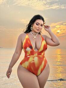Swim SXY Áo tắm liền thân cỡ lớn in họa tiết tie-dye, hở lưng, cổ yếm - Nhiều màu - Xem 8