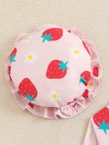 SHEIN Baby Girls' Strawberry & Daisy Print Rash Guard Swimsuit,Long Sleeve One-Piece With Front Zipper,Ruffle Hem,Bow Decor Summer Holiday Beach Pool Wear - Pink - View 6