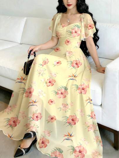 Modelyn Hibiscus Print Fashionable Square Neck Cap Sleeve Design Light Yellow Women's Minimalist Dress, Summer Waist Cinched Elegant Dress, Suitable For Summer Vacation, Daily Wear, Beach Resort