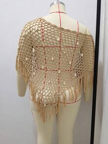 Swim Vcay 大码披肩罩衫，镂空贝壳流苏边，度假风 - 卡其色 - 查看 6