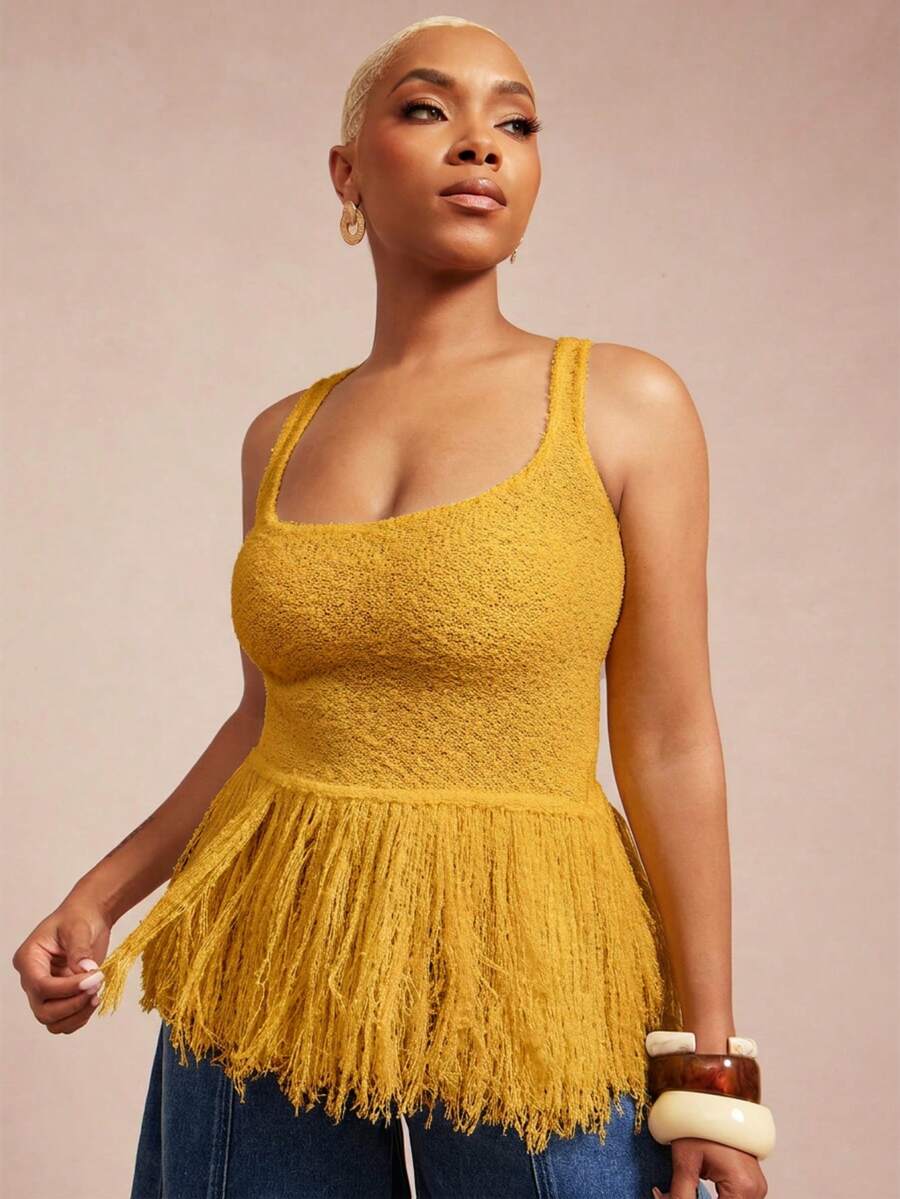 Vixey Áo peplum không tay dệt kim gân viền tua rua - Màu vàng - Xem 1
