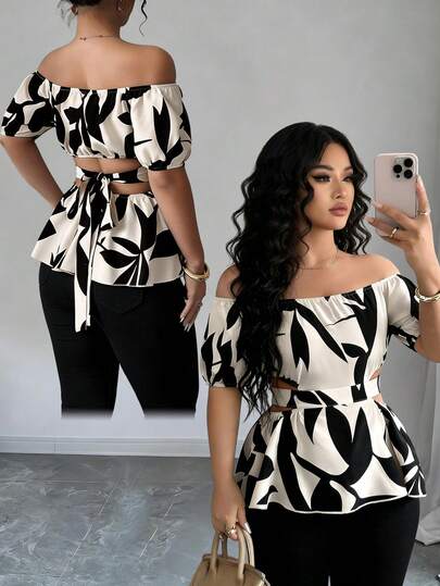 Elenzga 大码复古休闲不对称黑色印花露肩镂空腰部女式上衣