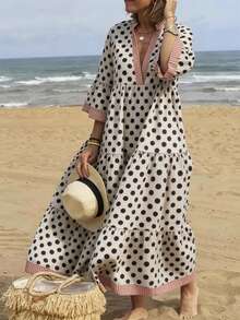 SHEIN LUNE Elegantes urban-chices Neuankömmling Damen Frühling/Sommer Aprikose & Schwarz Polka Punkt V-Ausschnitt Rot kariert Futter 3/4 Ärmel Rüschen Saum Maxikleid, geeignet für den täglichen Gebrauch, Hochzeit, formelles Abendessen, Pendeln, Abschlussfeier, Feiertage, Urlaub, Date, Party, Halloween, Weihnachten, Neujahr, Thanksgiving - Verschiedenfarbig - Übersicht 1
