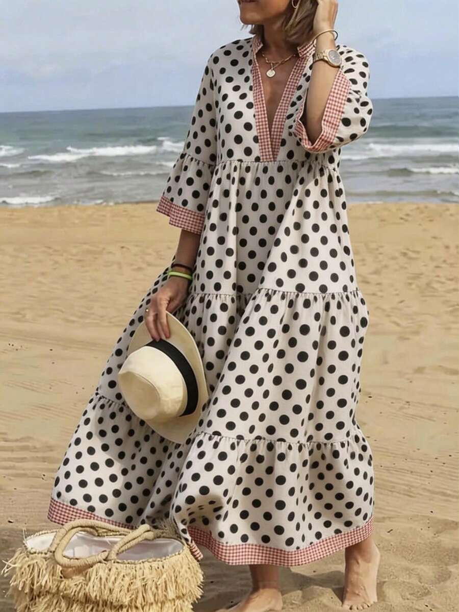 SHEIN LUNE Elegantes urban-chices Neuankömmling Damen Frühling/Sommer Aprikose & Schwarz Polka Punkt V-Ausschnitt Rot kariert Futter 3/4 Ärmel Rüschen Saum Maxikleid, geeignet für den täglichen Gebrauch, Hochzeit, formelles Abendessen, Pendeln, Abschlussfeier, Feiertage, Urlaub, Date, Party, Halloween, Weihnachten, Neujahr, Thanksgiving - Verschiedenfarbig - Übersicht 1