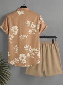 Manfinity RSRT Bộ áo sơ mi và quần short nam in họa tiết hoa, thích hợp cho kỳ nghỉ, kiểu dáng thường ngày. - Màu Khaki - Xem 3