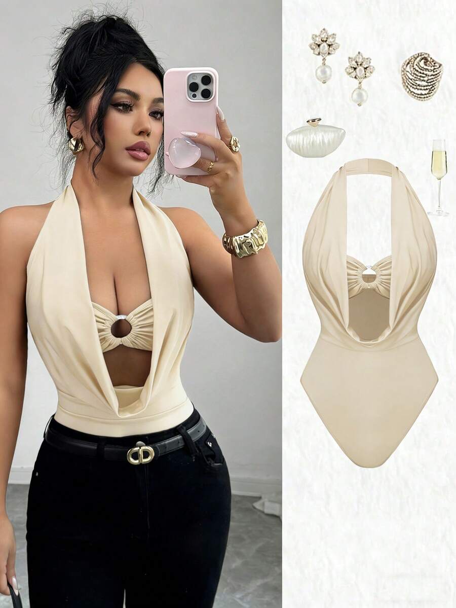 Elenzga Áo liền thân gợi cảm cổ yếm, màu trơn, họa tiết hình tròn rỗng, xếp ly dành cho nữ. - Màu be - Xem 1