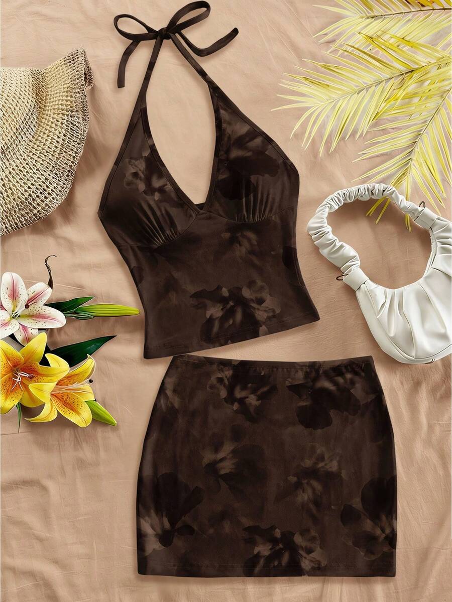 Soleia Women's Casual Vacation Floral Print Halter Top And Mini Skirt 2-Piece Set,Women Summer Outfit,Vacation Outfits,Holiday Outfits,Festival - Multicolor - View 1