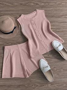 GlowEve Women's New Retro Single-Breasted Round Neck Solid Color Knit Sweater Vest Cardigan, Versatile Shorts Daily Outfit, 2-Piece Sweater Set - Pink - View 5