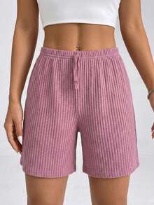 OYGA Women's Solid Relax Ribbed Elastic Waist Fake Drawstring Sleep Bottom - Pink - View 4