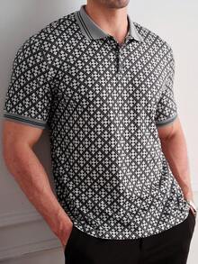 Manfinity Homme 男士現代修身短袖 Polo 衫，白黑千鳥格幾何圖案，夏季商務休閒辦公上衣，附灰色羅紋領 - 彩色 - 查看 7