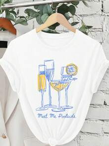 EMERY ROSE Line Style Cocktail Vacation Meet Me Poolside Print Casual Plus-Size T-Shirt White Summer - White - View 1