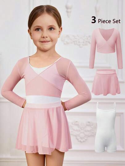Young Girls 3 PiecesBallet Outfit, White Leotard With Tulle Skirt And Sheer Jacket, Stretchy Fitted Fabric With Lightweight Mesh, Suitable For Ballet Training