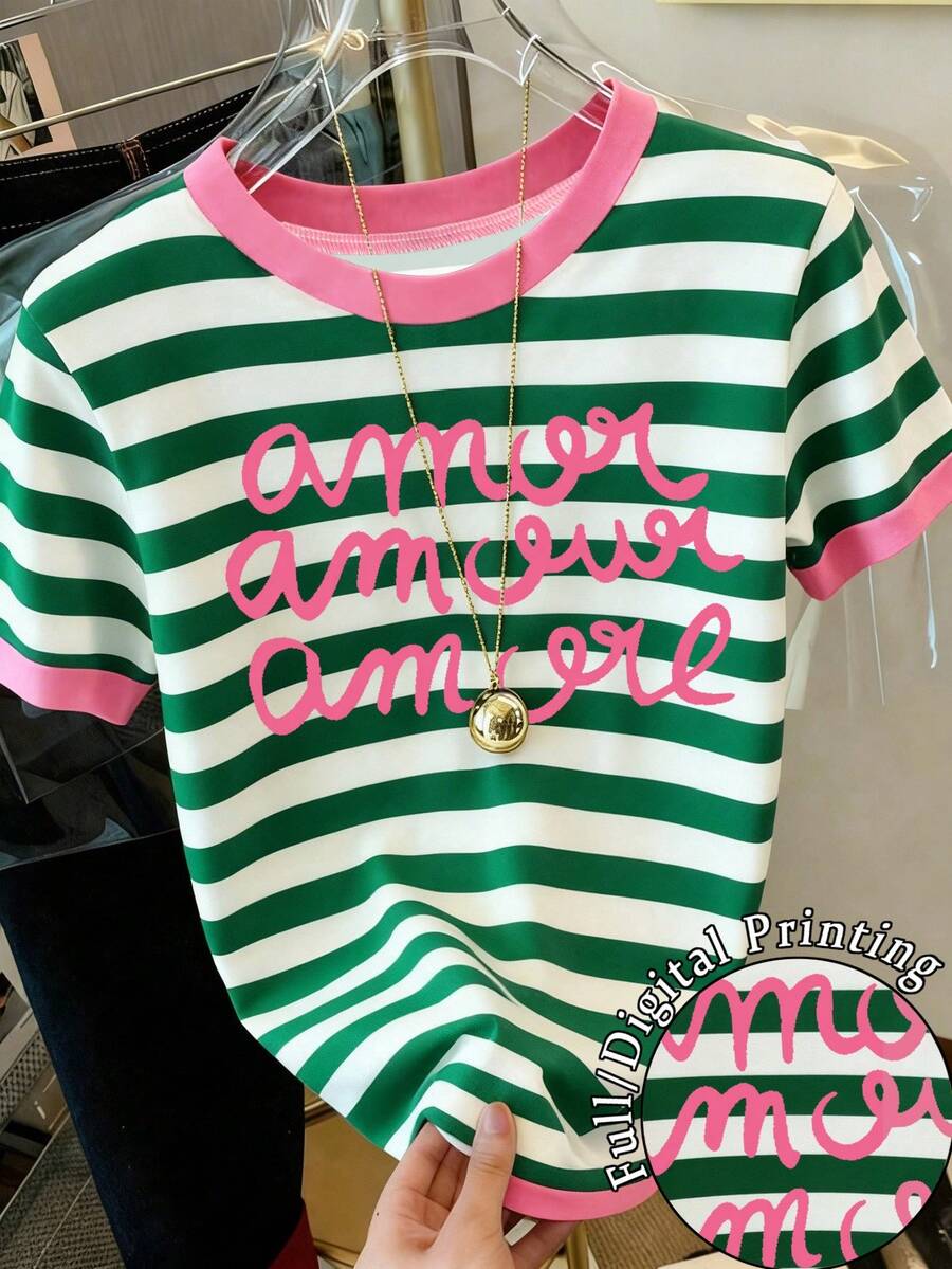 Resyla Áo thun nữ tay ngắn cổ tròn, họa tiết chữ và sọc, kiểu dáng thường ngày. - Nhiều màu - Xem 1