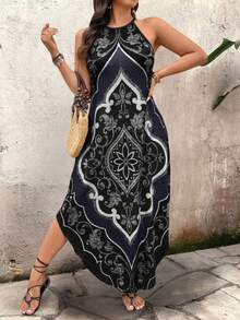 SHEIN Clasi Váy midi in hoa lễ hội cỡ lớn cho nữ - Màu xám đen - Xem 6