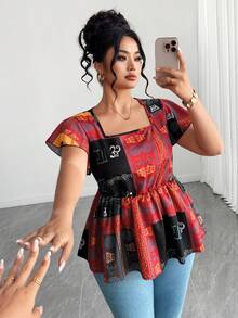SHEIN Clasi Plus Size Women's Geometric Pattern Square Collar Fashion Ruffle Sleeve Blouse, Versatile And Elegant Gym Brown Summer - Multicolor - View 3