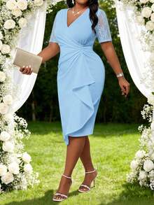 SHEIN Lady Elegant Light Blue Plus Size Dress V Neck Half Sleeve Knitted Fabric Wrap Hem Knee Length Fitted Perfect For Wedding Guest - Blue - View 6