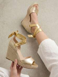 Women's Platform Sandals, Jute Wedge, Espadrille Wedge, High Espadrilles, Tie Straps, Wedge Heel, Comfortable, Casual, Boho, Summer, Women's Fashion - 駝色 - 查看 2