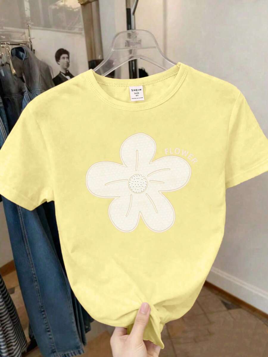 SHEIN T-shirt à manches courtes imprimé floral blanc frais et créatif pour filles, confortable pour le port quotidien au printemps, en été et en automne - Jaune citron - Voir 1