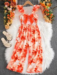 SHEIN Sparklyn 女童无袖连体裤，露背设计，装饰大蝴蝶结，短袖，适合春夏日常休闲穿着 - 橘色 - 查看 3