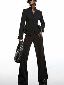 LYSMO 2026新款简约春夏女装优雅黑色修身收腰西装外套，女士商务衬衫，适合工作场合，可作西装外套、衬衫、工作制服/商务休闲装/办公室着装穿着 - 黑色 - 查看 6