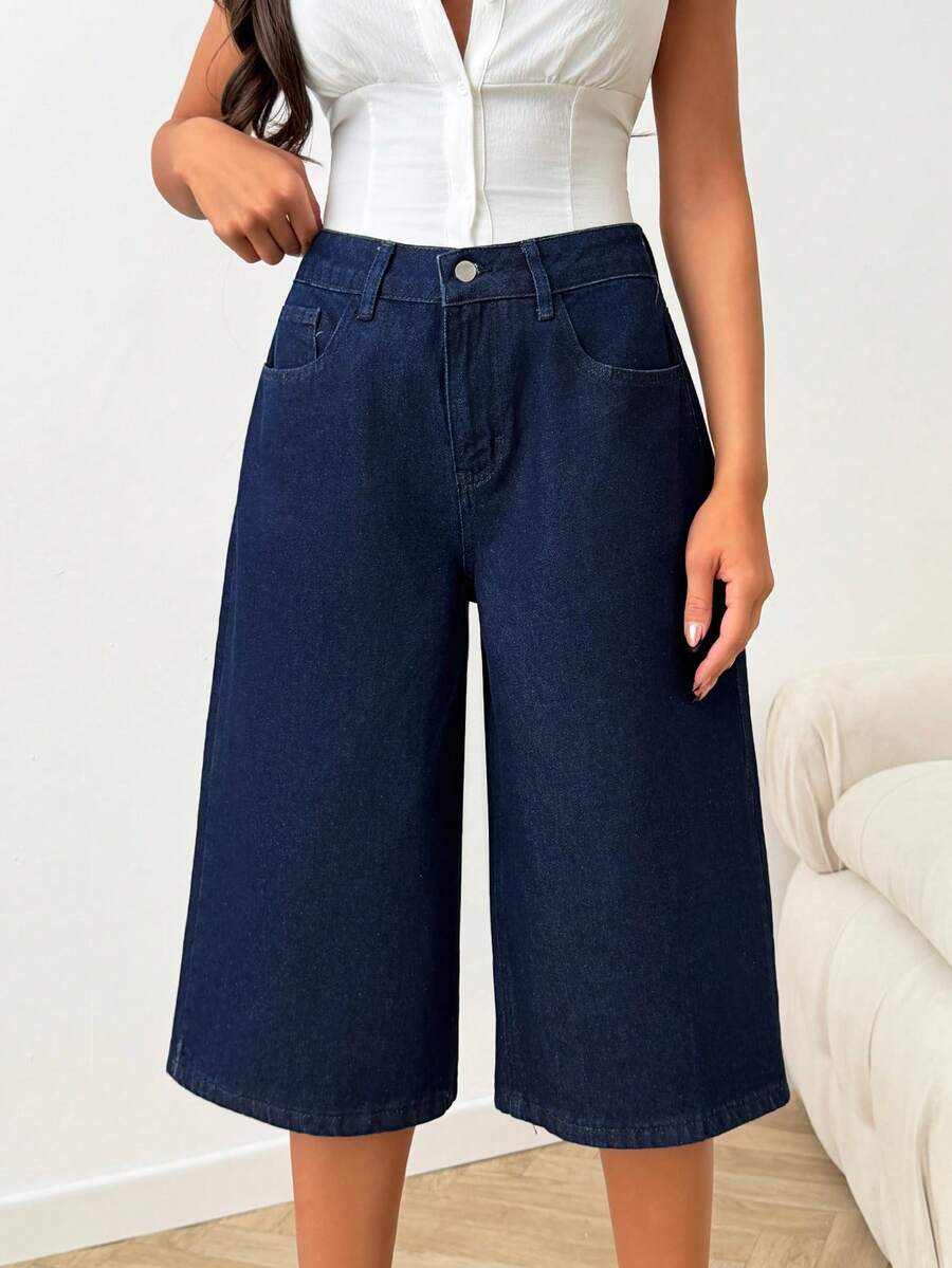 SHEIN 100%纯棉原色水洗刺绣牛仔短裤 - 深色水洗藍 - 查看 1