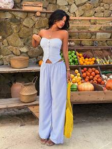 Sunnyshic 2pcs/Set Atasan dan Celana Camisole Wanita Motif Garis-garis dengan Hiasan Kancing - Royal Blue - View 5