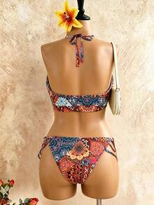 Swim Vcay Plus Size Women Floral Print Sexy Halter Bikini Set - Multicolor - View 9