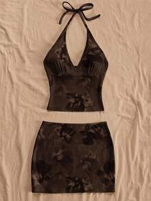 Soleia Women's Casual Vacation Floral Print Halter Top And Mini Skirt 2-Piece Set,Women Summer Outfit,Vacation Outfits,Holiday Outfits,Festival - Multicolor - View 3