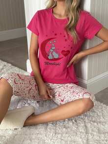 Cotton Women 2 Pcs Cute Cate Printed Short Sleeve And Sontrast Colour Cat&Moon Printed Capri Bottom PJ Set - Pink - View 4