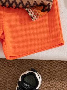 SHEIN Baby Boy Burnt Orange Summmer Boho Vacation Outfit,Textured Geometric Pattern Polo Shirt And Shorts Set,Retro Streetwear Casual Short Sleeve Clothes - Orange - View 8