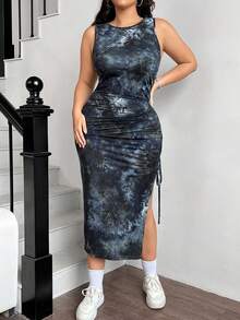SHEIN EZwear 黑色扎染针织无袖加大码修身连衣裙（女款） - 黑色 - 查看 1