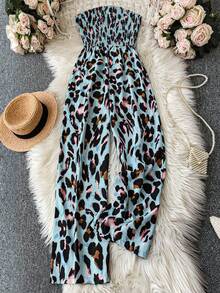SHEIN Clasi Plus Size Women Strapless Ruched Leopard Print Jumpsuit, Summer - Mint Blue - View 1