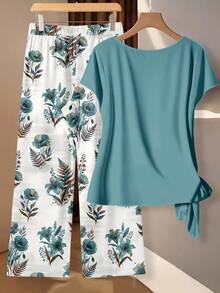EMERY ROSE Plus Size Women's Solid Color Twist Waist Short Sleeve Top And Floral Print Wide Leg Pants 2 Piece Set - Multicolor - View 2