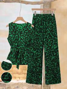 GlowEve CURVE Plus Size Women's Leopard Print Sleeveless Top & Matching Pleated Straight Leg Pants 2-Piece Set,Sage Green,Summer,Elegant,Festa,Commute Work Fashion - Dark Green - View 5