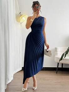 NOVVYNE 女式无袖纯色不对称下摆褶皱中长连衣裙，优雅夏日 - 藏蓝色 - 查看 3