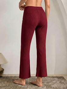 OYGA Women's Casual Burgundy Ribbed Knitted High Stretch Straight Leg Capri Sleep Bottom With Fake Drawstring - Burgundy - View 2