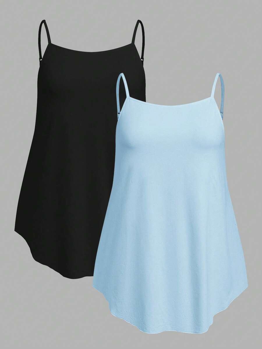 SHEIN EZwear 两件套休闲简约纯色黑色和浅蓝色大码吊带背心,适合春夏穿着 - 彩色 - 查看 1