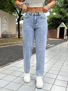 SHEIN PETITE Quần jean denim nữ dáng ôm, ống côn, dài đến 7/8, màu xanh dương, cạp thấp, dáng rộng, ống loe, quần jean nữ cỡ nhỏ. - Rửa nhẹ - Xem 2