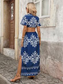 Brillora Đầm ren họa tiết xanh dương khoét eo, kiểu dáng mùa hè, thích hợp cho kỳ nghỉ. - Màu xanh hải quân - Xem 2