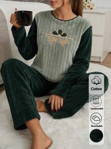 WovenCharm Women Fuzzy Fabric With Lettered Embroidery Detail Rib Knit Homewear Comfort Lounge Pajama Set For Ladies Green Pajama Set Cozy Sets Women Comfy Pajamas Set Green Pj Set Pajama Sets For Women Winter - Green - View 1