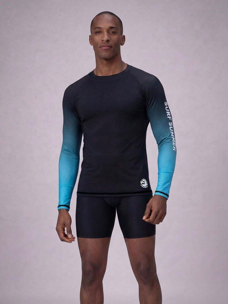 Manfinity KASUA Áo thun nam tay dài raglan in chữ, hiệu ứng ombre, phong cách lướt sóng - Nhiều màu - Xem 1