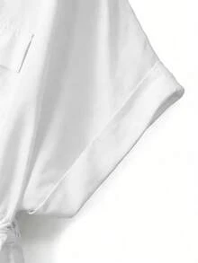 GlowEve CURVE Áo kiểu nữ cỡ lớn thanh lịch tối giản mới, thích hợp đi làm, đi nghỉ mát, cổ Pháp, màu trơn, cổ chữ V, xẻ tà trước, dây rút eo, cúc kim loại thắt nơ, tay cánh dơi, cổ tay gập, tay ngắn. - trắng - Xem 5