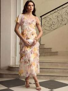 ZEYLAH Printed Asymmetric Ruffle Hem Elegant Dress - Yellow - View 5