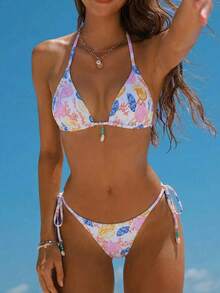 Swim Vcay Bộ bikini gợi cảm buộc dây cổ, chất liệu vải dệt họa tiết ngẫu nhiên, trang trí vỏ sò, dành cho nữ, thích hợp cho kỳ nghỉ biển. - Nhiều màu - Xem 1