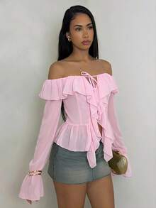 Glamine 女士粉色荷叶边休闲沙滩度假衬衫，适合春季和情人节穿着 - 粉色 - 查看 5