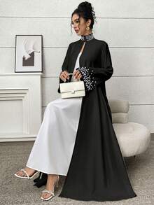 Yasmyna Women's Long Sleeve Elegant Arabic Abaya Dress With Faux Pearl Decor - Black - View 4