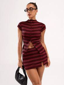 SHEIN BAE Camiseta de verano casual de mujer con cuello polo a rayas y botones delanteros - Rojo - Ver 6