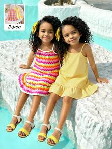SHEIN Elladie kids 2026新款女童休闲套装，两件套，彩色条纹波浪数码印花上衣+黄色纯色数码印花拼接无袖连衣裙，面料柔软，适合春夏穿着，可爱甜美，休闲舒适，适合日常、上学、度假、海滩、派对、假日等场合。 - 彩色 - 查看 6