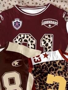 3pcs Teen Girls Colorblock Leopard Print, Brown, Burgundy Blokecore, 90s Retro Spicy Street Sports Jersey Style, Leopard, Numeric, Letter Graphic Print, Jersey Fit, Compression Jersey, Blokette, Teen Girls Casual Minimalist Cropped Tight Crew Neck Short Sleeve High Waist Regular T-Shirts, Suitable For Spring/Summer Daily Wear, POV, New Style - Multicolor - View 5