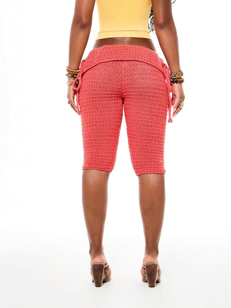 SUMWON WOMEN Coral Pink Crochet Knit Summer Bermuda Casual Pants With Yellow Flower Applique Detail Drawstring